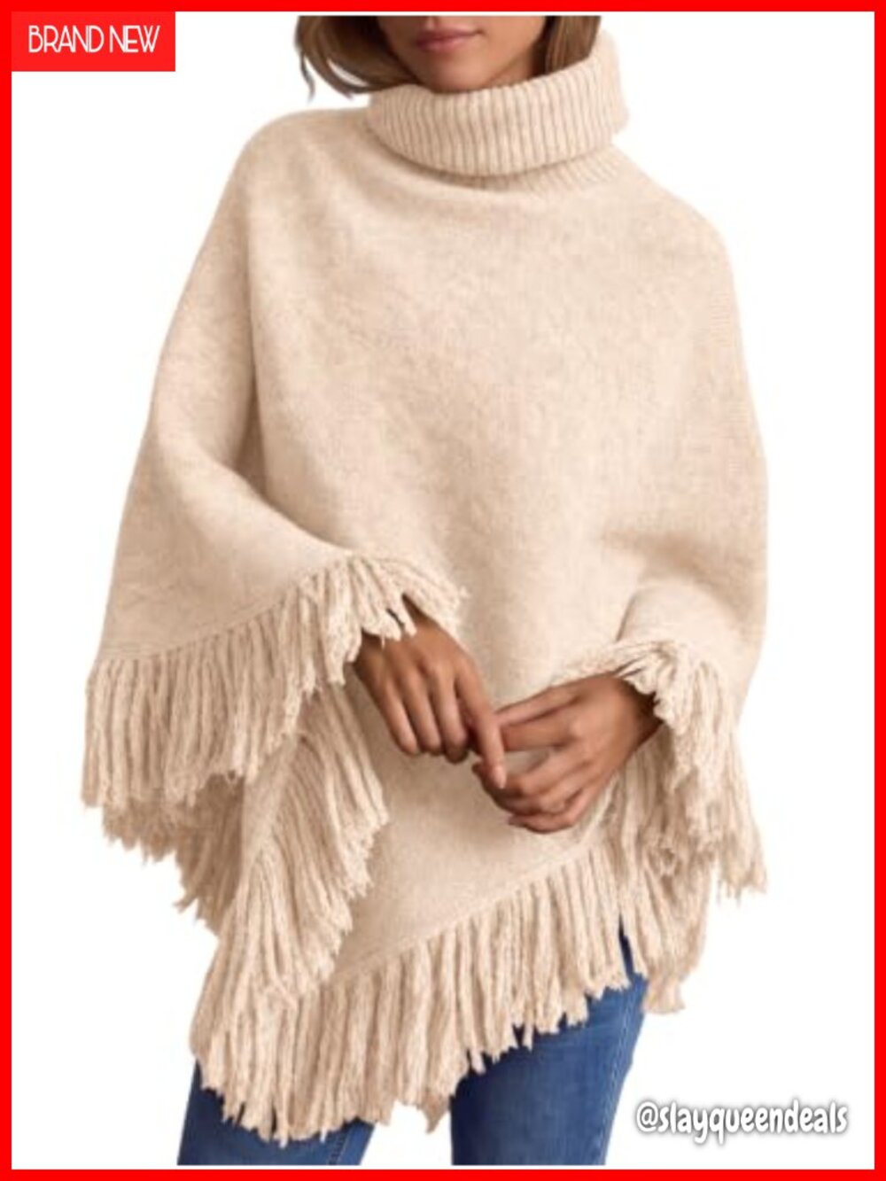 Fringe Turtleneck Poncho Sweater Wrap Cape Shawl Tops
